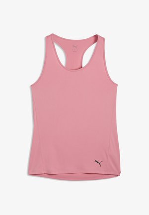Top sportivo rosa con spalline incrociate, realizzato in tessuto liscio. Presenta un piccolo logo Puma nero sull'orlo inferiore.