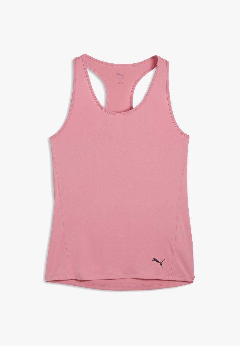 Ροζ αθλητική φανέλα χωρίς μανίκια με σχεδίαση racerback, κατασκευασμένη από λείο ύφασμα. Διαθέτει μικρό μαύρο λογότυπο Puma στο κάτω μέρος.