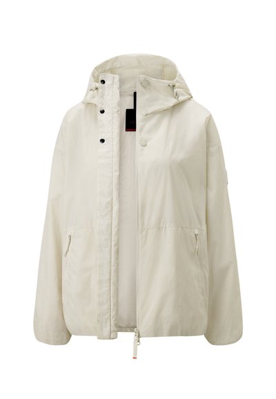 Lightweight, cream-colored jacket made of smooth fabric, featuring a hood, snap buttons, two zippered pockets, and a mesh lining.