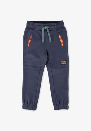 Pantaloni della tuta blu navy con vita elasticizzata, cordino verde, due tasche angolate foderate con strisce rosse e gialle, e orli a costole.