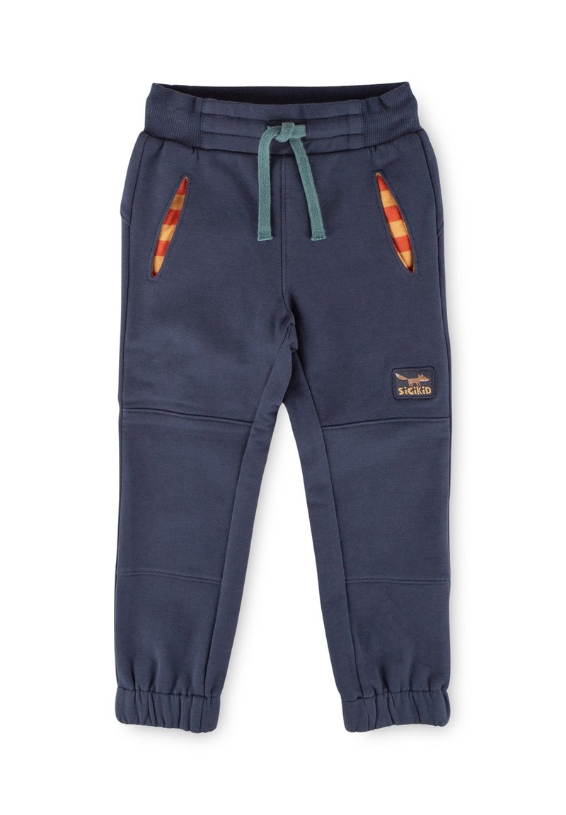 Marineblaue Sweatpants mit elastischem Bund, grünem Zugband, zwei schrägen Taschen, die mit rot-gelben Streifen gefüttert sind, und Bündchen am Saum.