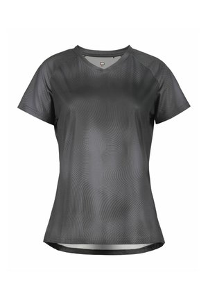 Mørkegrå kortærmet atletisk skjorte med V-hals, glat tekstur, subtilt bølgemønster og reflekterende detalje ved kanten.