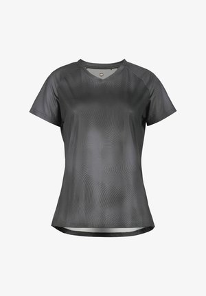 Donkergrijs atletisch shirt met korte mouwen, een v-hals, een gladde textuur, een subtiel golfpatroon en een reflecterend detail aan de zoom.