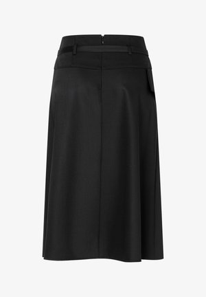 Black knee-length skirt with wide waistband, back zipper, belt loops, and side pocket flap, shown from back view on white background.
