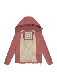 Veste rose clair avec capuche, présentant une doublure couleur crème, une poche latérale zippée et des poignets élastiqués. Étiquette intérieure visible.