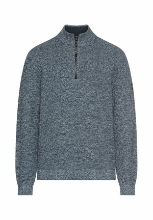 Donkerblauwe, gestructureerde pullover trui met een halve rits en geribbelde kraag. Heeft lange mouwen en een subtiel breipatroon.
