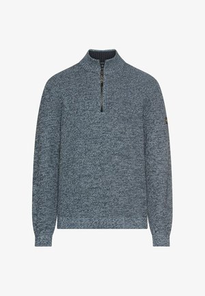 Donkerblauwe, gestructureerde pullover trui met een halve rits en geribbelde kraag. Heeft lange mouwen en een subtiel breipatroon.