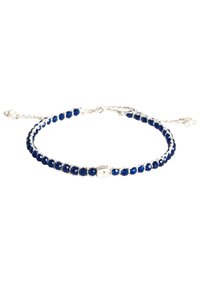 Blaue Perlenarmband mit silbernen geflochtenen Akzenten und einer zentralen silbernen Perle. Verfügt über einen gleitenden verstellbaren Verschluss für die Größenanpassung.