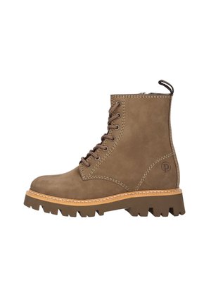 Brown suede ankle boots with a reinforced toe, round laces, a textured rubber sole, and decorative stitching. Logo on side.