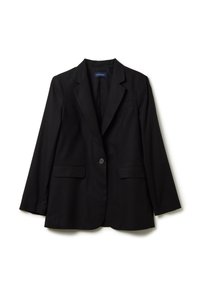 Blazer noir en tissu lisse, avec revers cranté, deux poches avant, une fermeture à un bouton et des manches longues.