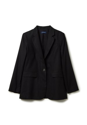 Zwarte blazer gemaakt van een gladde stof, met een geknipt revers, twee voorzakken, een enkele knoopsluiting en lange mouwen.