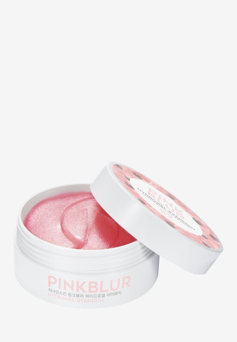 Contenitore per patch oculare in idrogel, di forma rotonda in plastica bianca con dettagli rosa. Il coperchio presenta un motivo rosa. Il gel all'interno è lucido e di colore rosa traslucido.