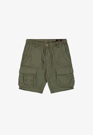 Oliivrohelised cargo lühikesed püksid, mis on valmistatud kergest kangast, reguleeritava kummivöödega, mitmete taskutega ja lõdva istuvuse kujundusega.