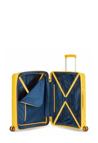Valigia rigida gialla con interno blu navy, maniglia estraibile e ruote girevoli. Presenta cinghie organizzatrici e scomparti in rete all'interno.