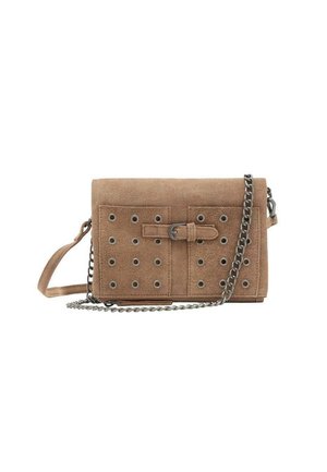 Brown suede crossbody bag with a flap, featuring metal grommets, a buckle detail, and a silver chain strap. Rectangular shape, textured surface.