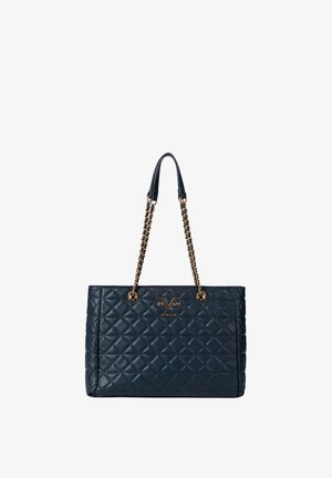 Gestikte zwarte leren totebag met gouden kettinghandvatten en 19V69 Italia-logo in goud op het voorpaneel in het midden.