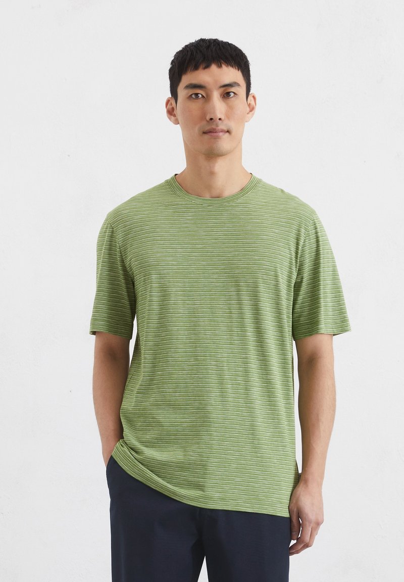Green striped short-sleeve t-shirt with a round neckline, crafted from a soft fabric, featuring subtle texture and a relaxed fit.
