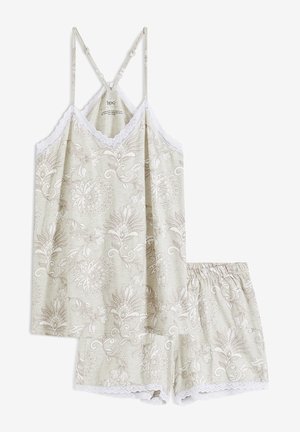 Set da notte a due pezzi di un beige chiaro, con fantasie floreali, pizzo sul top e sugli shorts, spalline regolabili e vestibilità morbida.