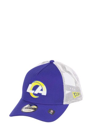 Purple cap with white mesh sides, featuring an embroidered yellow and white logo on the front. Adjustable strap at the back, flat brim design.