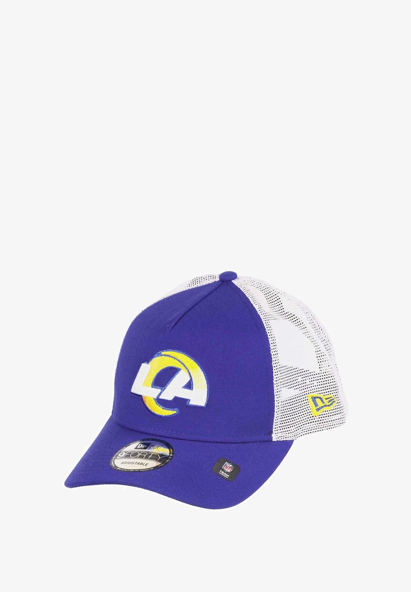 Purple cap with white mesh sides, featuring an embroidered yellow and white logo on the front. Adjustable strap at the back, flat brim design.