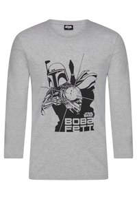 Graues Langarm-T-Shirt aus Baumwolle mit einem schwarzen Grafikdruck von Boba Fett, einschließlich Text und Designelementen.