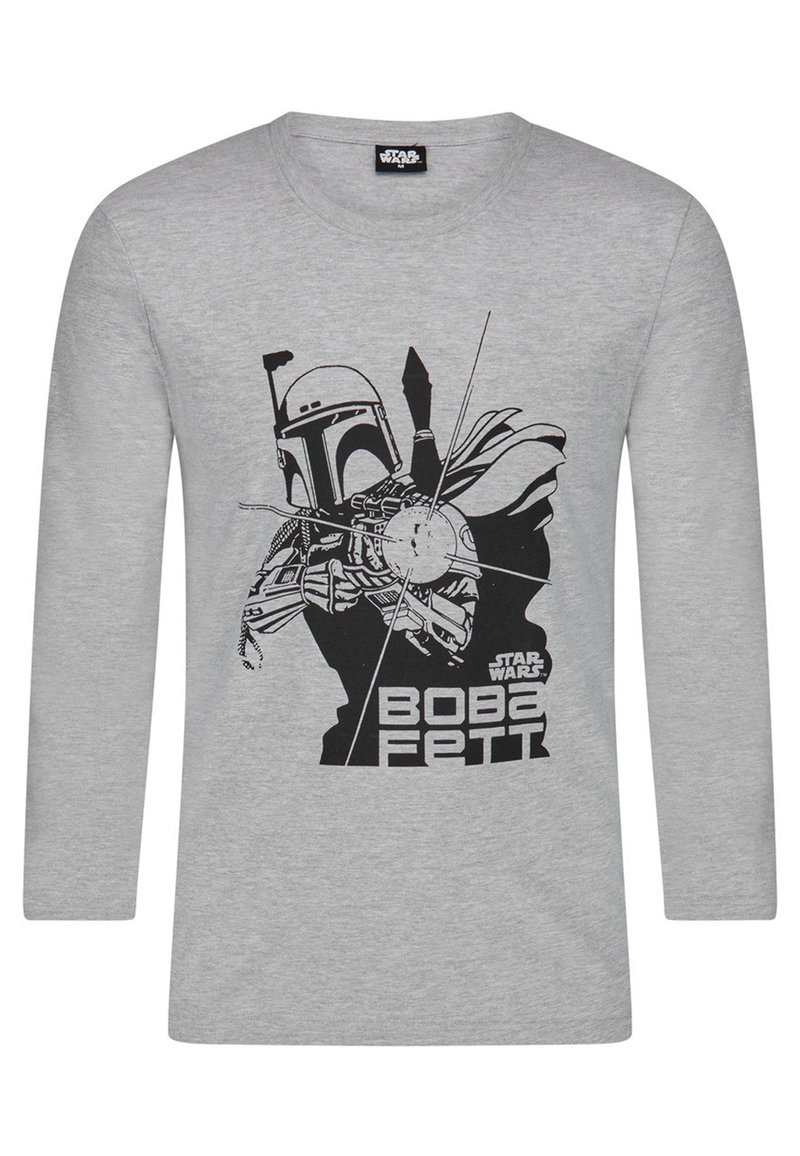 Graues Langarm-T-Shirt aus Baumwolle mit einem schwarzen Grafikdruck von Boba Fett, einschließlich Text und Designelementen.