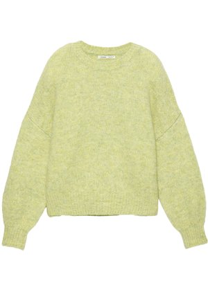 Maglione chunky di colore verde chiaro con maniche lunghe a palloncino e polsini, orlo e scollatura a girocollo a coste.