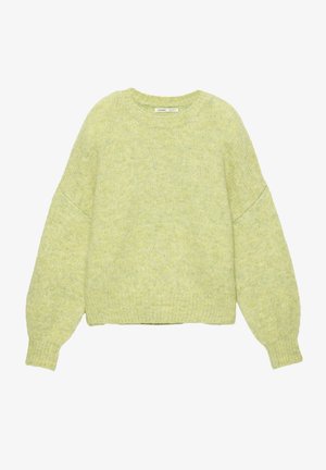 Vaaleanvihreä paksu neulepaita, jossa on pitkät pallohihat sekä ribbaustekniikalla tehdyt hihansuut, helma ja pyöreä kaula-aukko.