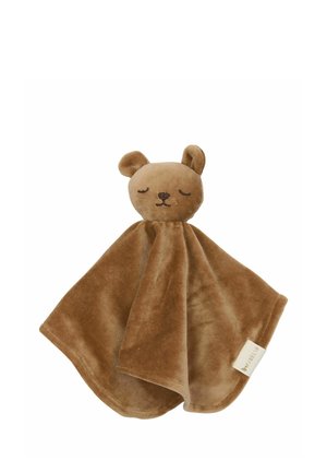 Coperta comforter orso marrone di peluche con occhi chiusi e corpo coperta morbido, con una piccola targhetta di stoffa "TIBEBLIA".