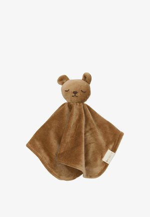 Coperta comforter orso marrone di peluche con occhi chiusi e corpo coperta morbido, con una piccola targhetta di stoffa "TIBEBLIA".