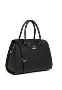 Sac à main en cuir noir avec un design structuré, doubles poignées supérieures et une bandoulière amovible. Caractéristiques en métal doré et fermeture à glissière.