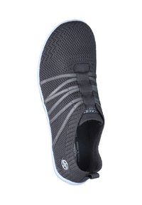 Gray mesh slip-on shoe with elastic straps and a white sole. Features a textured upper and minimalist design for breathability.