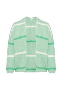 Strickjacke in Hellgrün mit weißen und dunkelgrünen Streifen. Offene Front, lange Ärmel, strukturiertes Strickgewebe.