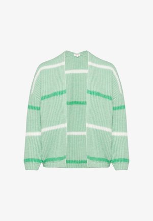 Dziane kardigan w jasnym zielonym kolorze z białymi i ciemniejszymi zielonymi paskami. Otwarty przód, długie rękawy, strukturalna dzianina.