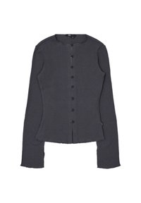 Dark gray ribbed long-sleeve top featuring a round neckline, front buttons, and a fitted design with slightly extended sleeves.