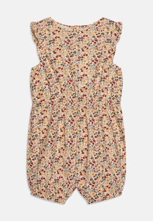 Floral Jumpsuit in hellem Beige mit roten, gelben und grünen Blumen. Verfügt über kurze, rüschente Ärmel und einen elastischen Bund für einen gerafften Look.
