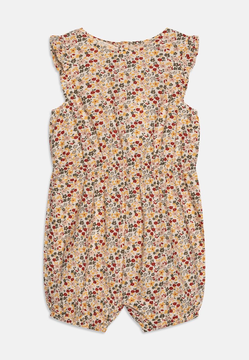 Mono floral en beige claro con flores rojas, amarillas y verdes. Presenta mangas cortas con volantes y una cinturilla elástica para un efecto recogido.