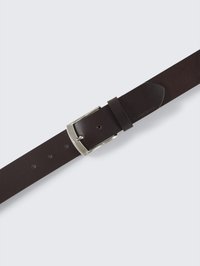 Brown leather belt with a smooth texture, featuring a silver metal buckle and adjustment holes along the strap for sizing.