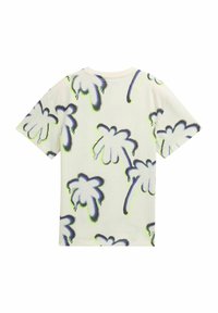 T-shirt à manches courtes en tissu blanc cassé, avec un imprimé de palmier dans un style graffiti en bleu et vert néon. Design classique à col rond.