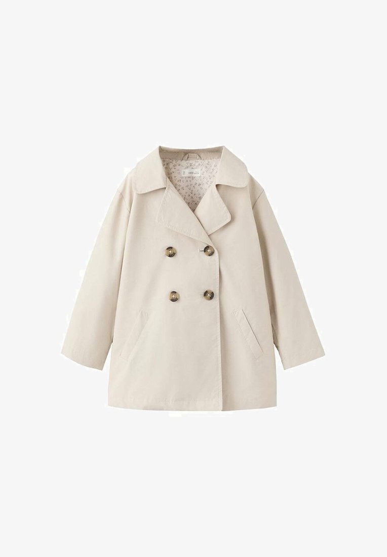 Abrigo beige de doble botonadura con solapas anchas, cuatro botones marrones, bolsillos laterales y forro interior con estampado floral.