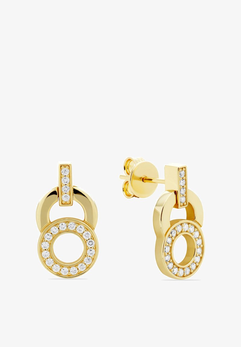 Guldtonede stud øreringe med et firkantet design, der har en større hul cirkel omgivet af klare rhinsten, glatte overflader og poleret finish.