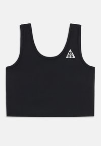 Melnā sporta bezdelīga, izgatavota no gludas auduma, ar apaļu kakla izgriezumu un platām siksnām, ar nelielu baltu trīsstūrveida logo kreisajā pusē.