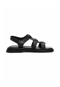Sandale pour homme en cuir noir avec bride arrière fermée, trois brides horizontales et semelle rembourrée, vue de côté sur fond blanc.