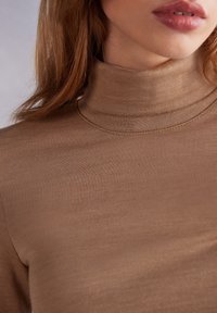 Haut à col roulé marron en tissu extensible, texture lisse, coupe ajustée, avec un col haut et des détails de coutures discrètes.