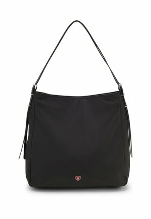 Black shoulder bag with thin strap, rectangular shape, minimal design, and small red heart logo at bottom center.