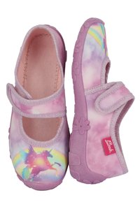 Rosa Mary Jane Schuhe aus Stoff mit einem Einhorn-Design und Regenbogen, ausgestattet mit einem Klettverschluss und einer strukturierten Gummisohle. Glattes Innenfutter.