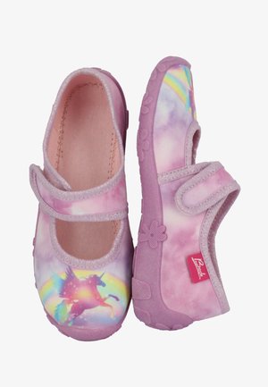 Rosa Mary Jane Schuhe aus Stoff mit einem Einhorn-Design und Regenbogen, ausgestattet mit einem Klettverschluss und einer strukturierten Gummisohle. Glattes Innenfutter.