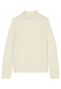 Pull en tricot couleur crème avec un col montant, une texture côtelée et de longues manches raglan. Design simple, sans motifs ni accessoires visibles.