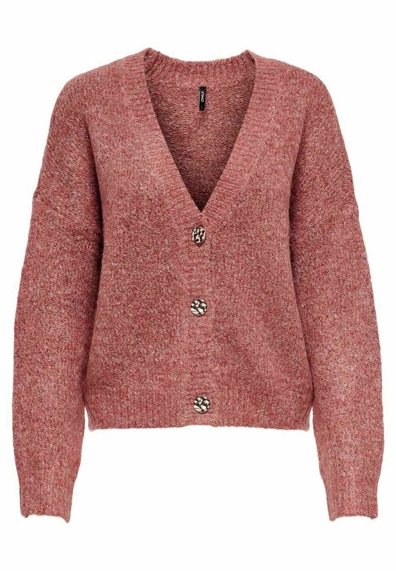 Cardigan lavorato a maglia color rosa polveroso, con scollo a V, maniche lunghe e quattro bottoni decorativi con un design floreale al centro.
