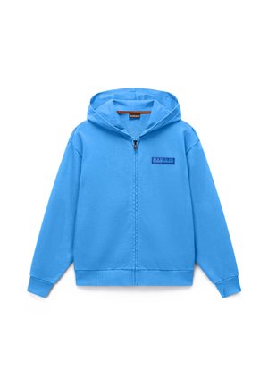 Felpa con cappuccio e zip blu, maniche lunghe e una piccola toppa rettangolare con logo sul petto a sinistra.